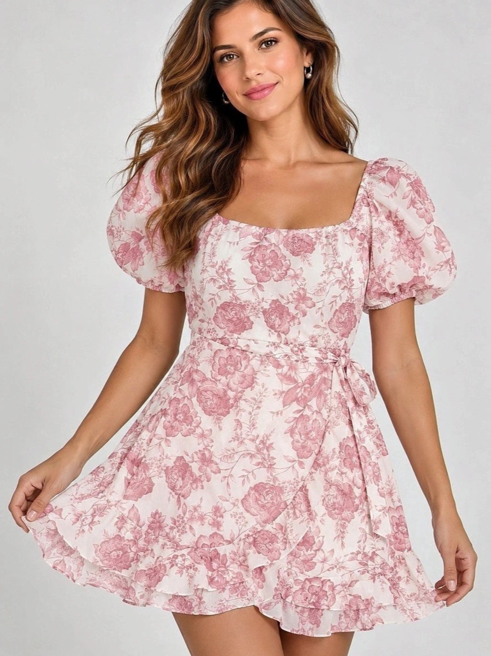 Trixxi White Pink Floral Puff Sleeve Wrap Dress Pink & White XL